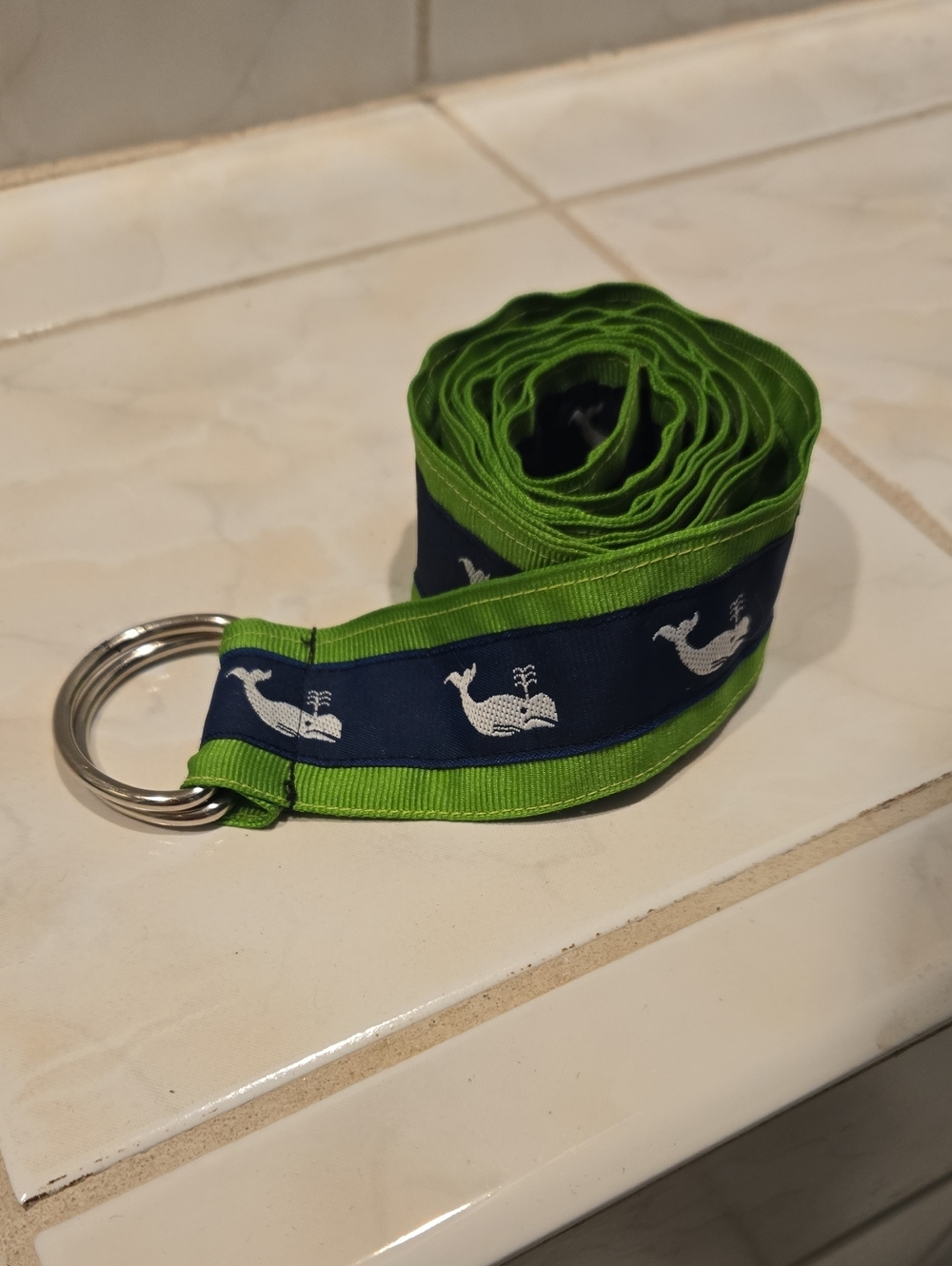 Navy Ribbon Belt with White Whale Motif Green Trim